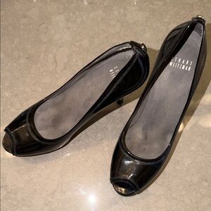 Stuart Weitzman Black Patent Leather Peep Toe Platform Heels | Size 8